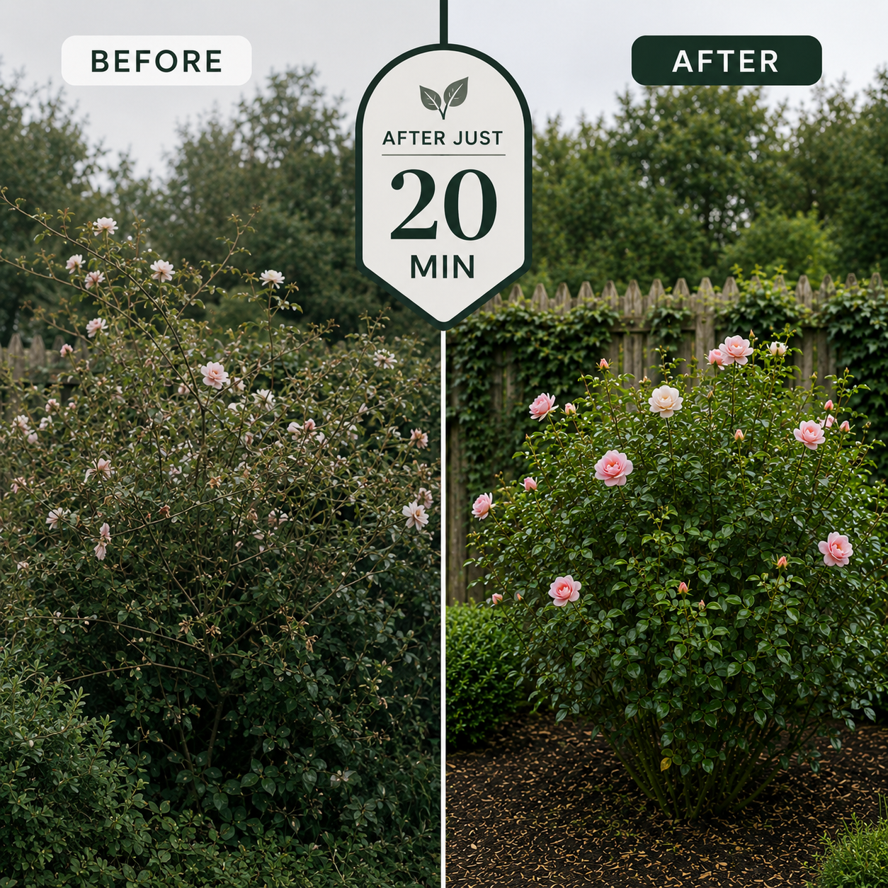 Rose bush before and after one 20-minute pruning session